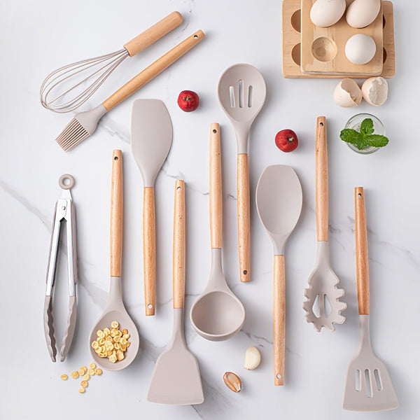 12Piece Grey Silicone Kitchen Utensil Set with Holder - Yahko Merchandise
