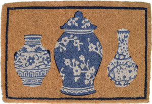 20" X 30" Brown Blue And White Chinoiserie Coir Abstract Outdoor Door - Yahko Merchandise