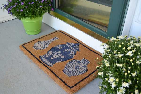20" X 30" Brown Blue And White Chinoiserie Coir Abstract Outdoor Door - Yahko Merchandise