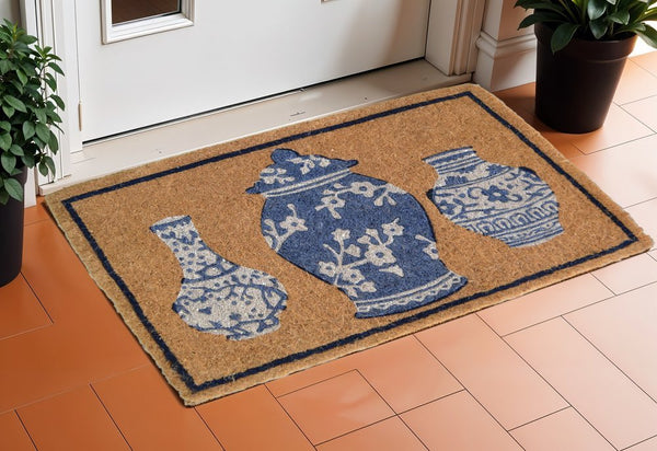 20" X 30" Brown Blue And White Chinoiserie Coir Abstract Outdoor Door - Yahko Merchandise