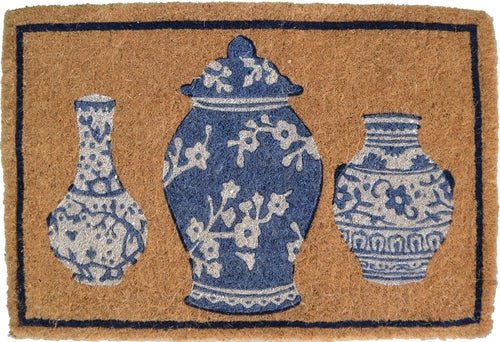 20" X 30" Brown Blue And White Chinoiserie Coir Abstract Outdoor Door - Yahko Merchandise