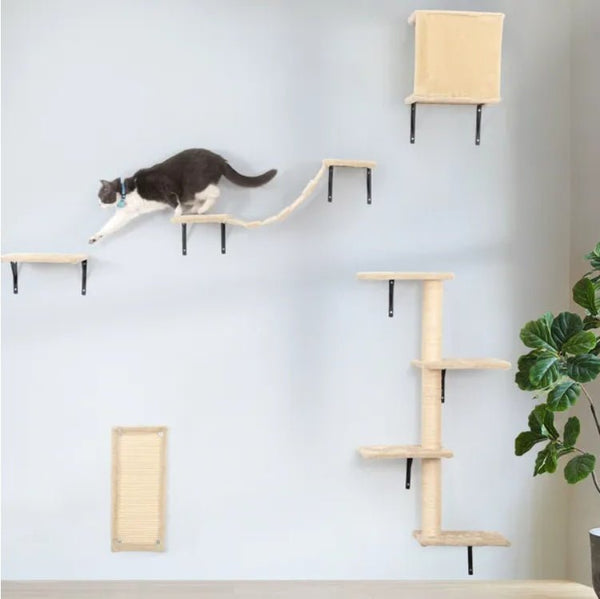 5 Pcs Wall Mounted Cat Climber Set Floating Cat Shelves And Perches Cat Activity Tree With Scratching Posts Modern Cat Furniture - Yahko Merchandise