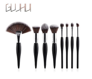 8 - Piece Makeup Brush Set with Black Handle and Silver Tubes - Yahko Merchandise