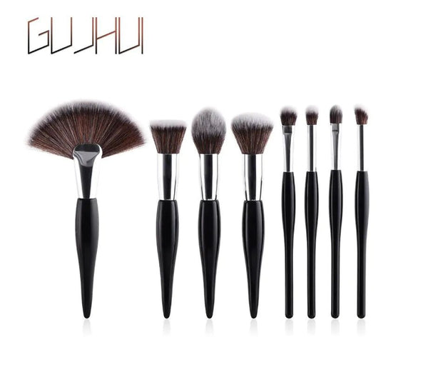 8 - Piece Makeup Brush Set with Black Handle and Silver Tubes - Yahko Merchandise