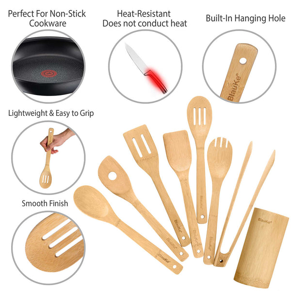 Bamboo Kitchen Utensils Set 8 - Pack - Wooden Cooking Utensils for - Yahko Merchandise