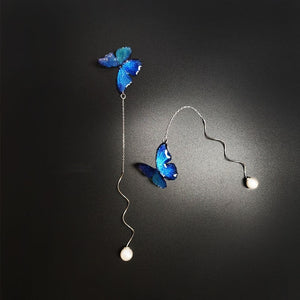Blue Butterfly Ear Thread S925 Sterling Silver Long Pearl - Yahko Merchandise