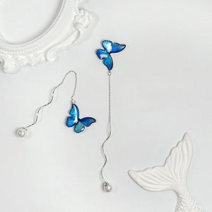 Blue Butterfly Ear Thread S925 Sterling Silver Long Pearl - Yahko Merchandise