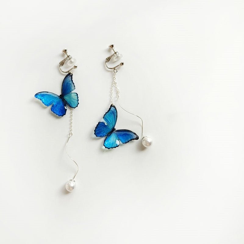 Blue Butterfly Ear Thread S925 Sterling Silver Long Pearl - Yahko Merchandise