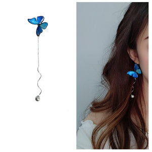 Blue Butterfly Ear Thread S925 Sterling Silver Long Pearl - Yahko Merchandise