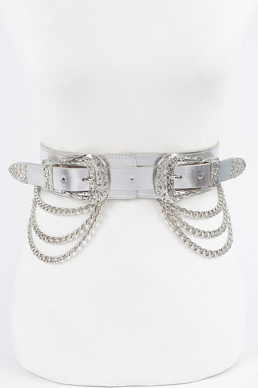 Double Buckle Metallic Stretch Belt - Yahko Merchandise