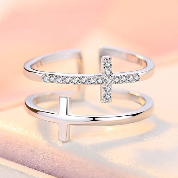 Double Cross Miniature Copper Inlaid Zircon Ring - Yahko Merchandise