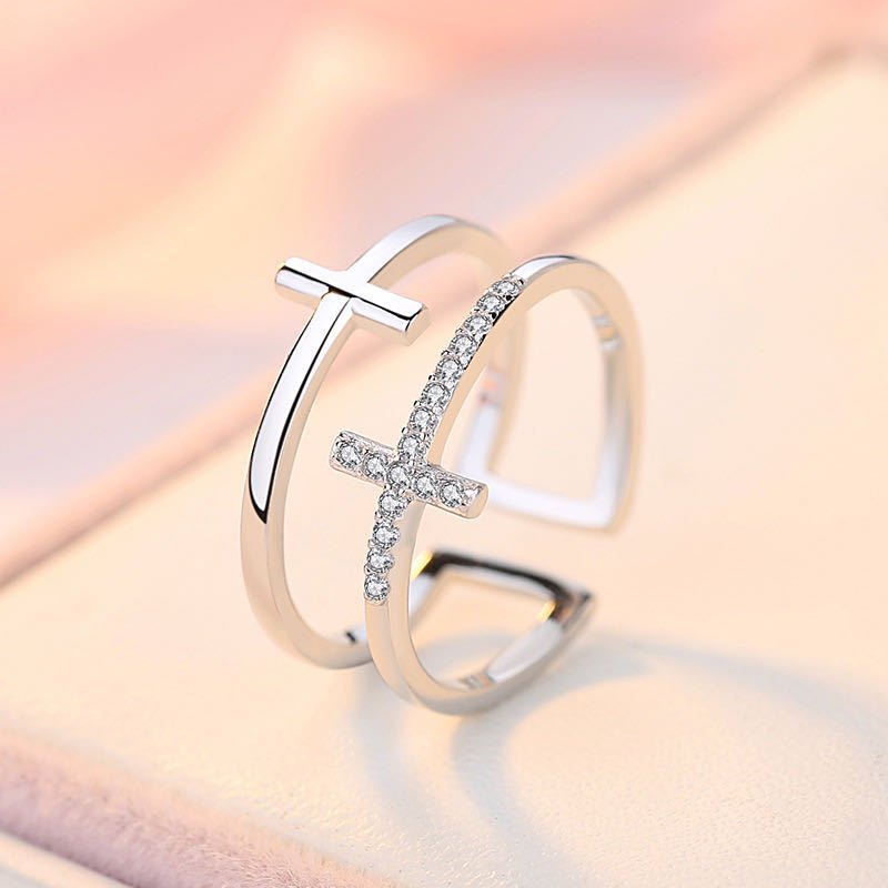 Double Cross Miniature Copper Inlaid Zircon Ring - Yahko Merchandise