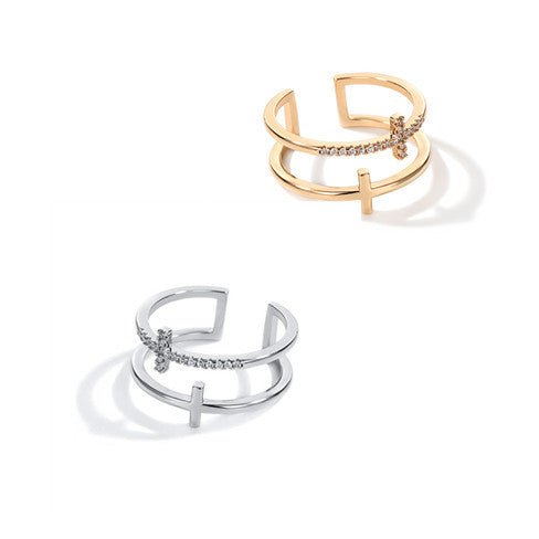 Double Cross Miniature Copper Inlaid Zircon Ring - Yahko Merchandise