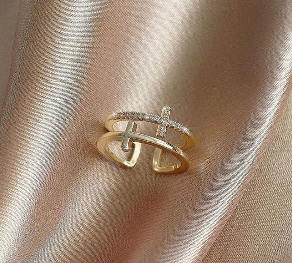 Double Cross Miniature Copper Inlaid Zircon Ring - Yahko Merchandise