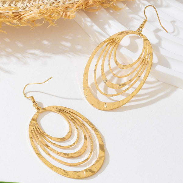 European And American Fashion Elegant 3 Layer Hollow Oval Shaped Big Gold - color Stainless Steel Dangle Drop Earrings - Yahko Merchandise