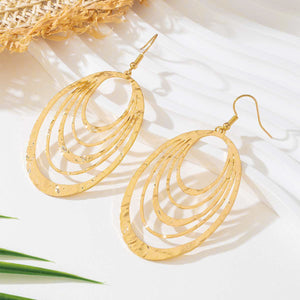 European And American Fashion Elegant 3 Layer Hollow Oval Shaped Big Gold - color Stainless Steel Dangle Drop Earrings - Yahko Merchandise