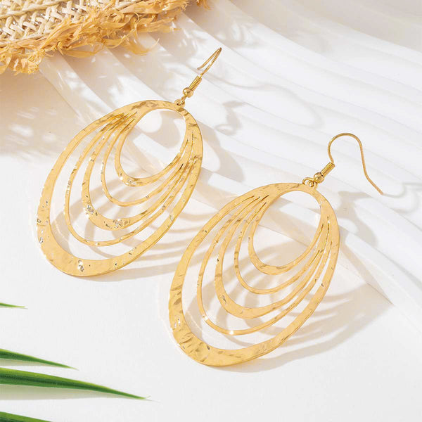 European And American Fashion Elegant 3 Layer Hollow Oval Shaped Big Gold - color Stainless Steel Dangle Drop Earrings - Yahko Merchandise
