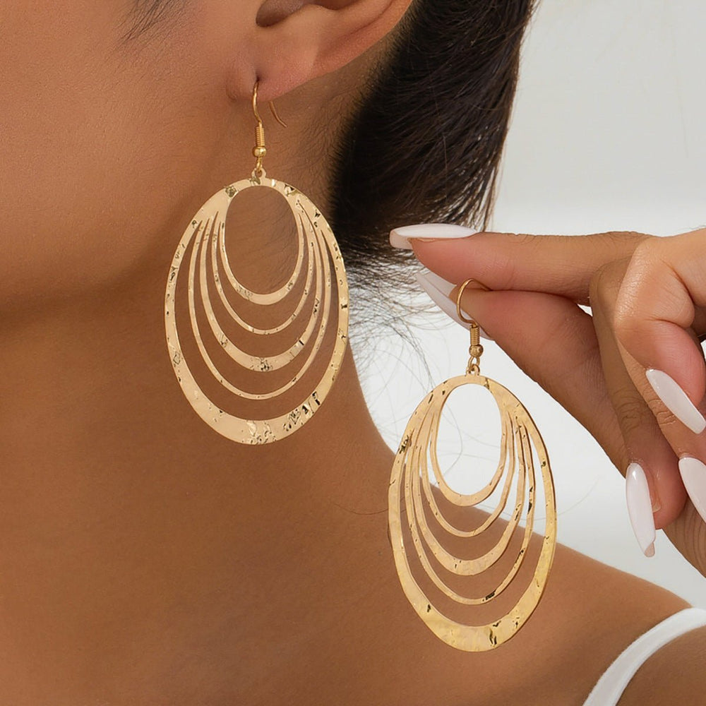 European And American Fashion Elegant 3 Layer Hollow Oval Shaped Big Gold - color Stainless Steel Dangle Drop Earrings - Yahko Merchandise