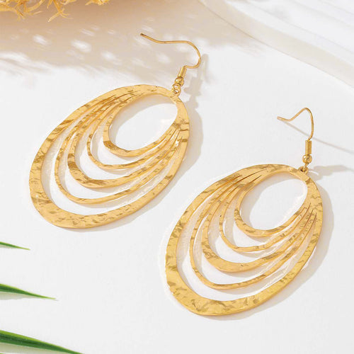 European And American Fashion Elegant 3 Layer Hollow Oval Shaped Big Gold - color Stainless Steel Dangle Drop Earrings - Yahko Merchandise