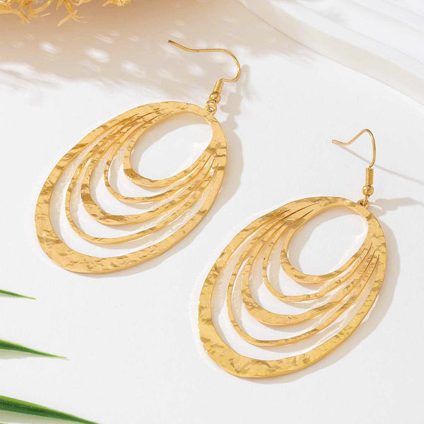 European And American Fashion Elegant 3 Layer Hollow Oval Shaped Big Gold - color Stainless Steel Dangle Drop Earrings - Yahko Merchandise