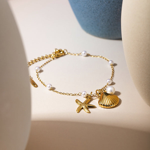 Fashion Jewelry 18K Gold Stainless Steel Pearl Chain Summer Holiday Shell Starfish Pendant Bracelet - Yahko Merchandise