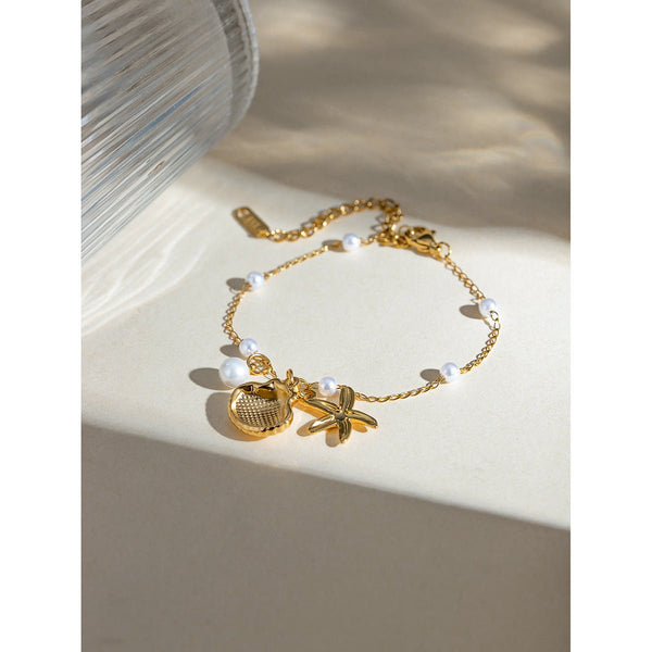 Fashion Jewelry 18K Gold Stainless Steel Pearl Chain Summer Holiday Shell Starfish Pendant Bracelet - Yahko Merchandise