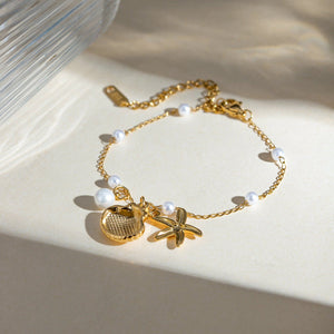 Fashion Jewelry 18K Gold Stainless Steel Pearl Chain Summer Holiday Shell Starfish Pendant Bracelet - Yahko Merchandise