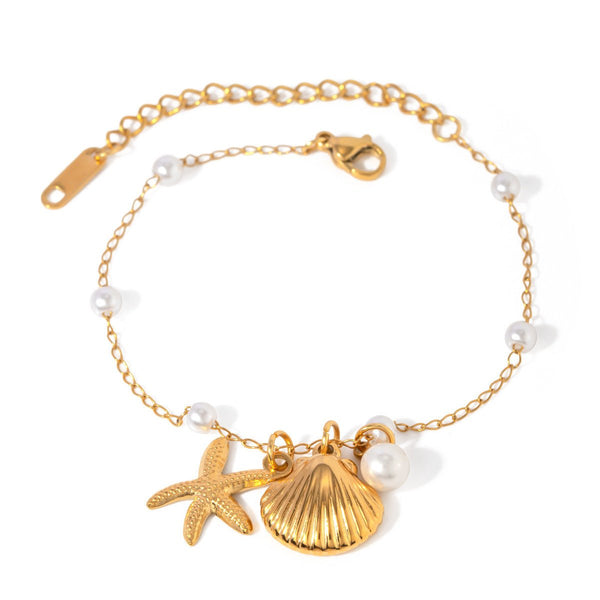 Fashion Jewelry 18K Gold Stainless Steel Pearl Chain Summer Holiday Shell Starfish Pendant Bracelet - Yahko Merchandise