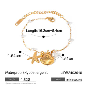Fashion Jewelry 18K Gold Stainless Steel Pearl Chain Summer Holiday Shell Starfish Pendant Bracelet - Yahko Merchandise