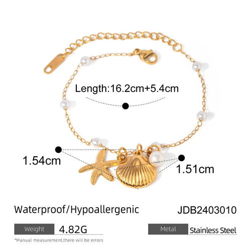Fashion Jewelry 18K Gold Stainless Steel Pearl Chain Summer Holiday Shell Starfish Pendant Bracelet - Yahko Merchandise