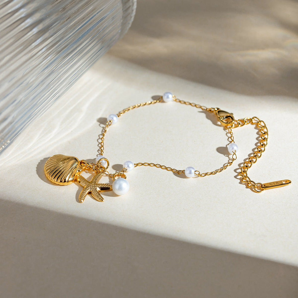 Fashion Jewelry 18K Gold Stainless Steel Pearl Chain Summer Holiday Shell Starfish Pendant Bracelet - Yahko Merchandise