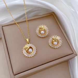 Fashion Jewelry Square Full Diamond Personalized Round Ring Leaves Necklace And Earrings Suite - Yahko Merchandise