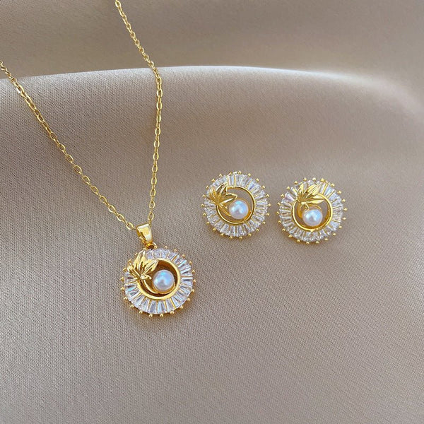 Fashion Jewelry Square Full Diamond Personalized Round Ring Leaves Necklace And Earrings Suite - Yahko Merchandise