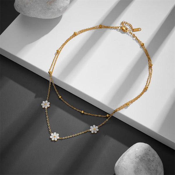 Fashion Jewelry Stainless Steel Flower DaisyFlower Necklace Double Layering Necklace Earrings Jeweley Set - Yahko Merchandise