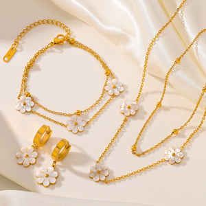Fashion Jewelry Stainless Steel Flower DaisyFlower Necklace Double Layering Necklace Earrings Jeweley Set - Yahko Merchandise