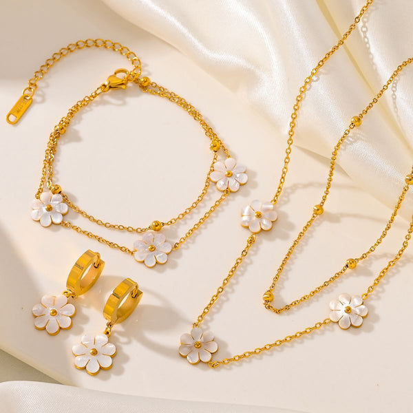Fashion Jewelry Stainless Steel Flower DaisyFlower Necklace Double Layering Necklace Earrings Jeweley Set - Yahko Merchandise