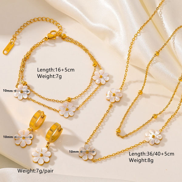 Fashion Jewelry Stainless Steel Flower DaisyFlower Necklace Double Layering Necklace Earrings Jeweley Set - Yahko Merchandise