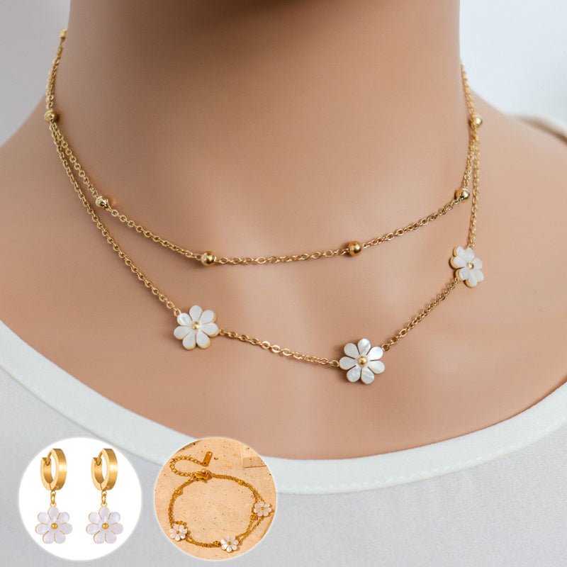 Fashion Jewelry Stainless Steel Flower DaisyFlower Necklace Double Layering Necklace Earrings Jeweley Set - Yahko Merchandise