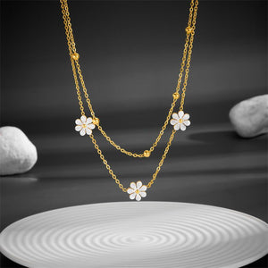 Fashion Jewelry Stainless Steel Flower DaisyFlower Necklace Double Layering Necklace Earrings Jeweley Set - Yahko Merchandise