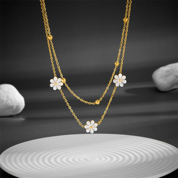 Fashion Jewelry Stainless Steel Flower DaisyFlower Necklace Double Layering Necklace Earrings Jeweley Set - Yahko Merchandise
