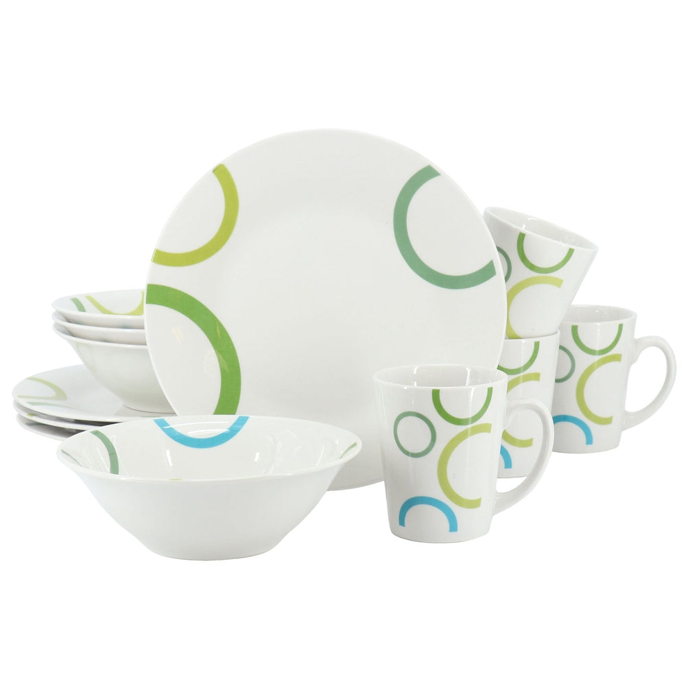 Gibson Home Green Loops 12 Piece Round Fine Ceramic Dinnerware Set in - Yahko Merchandise