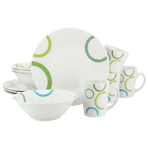 Gibson Home Green Loops 12 Piece Round Fine Ceramic Dinnerware Set in - Yahko Merchandise