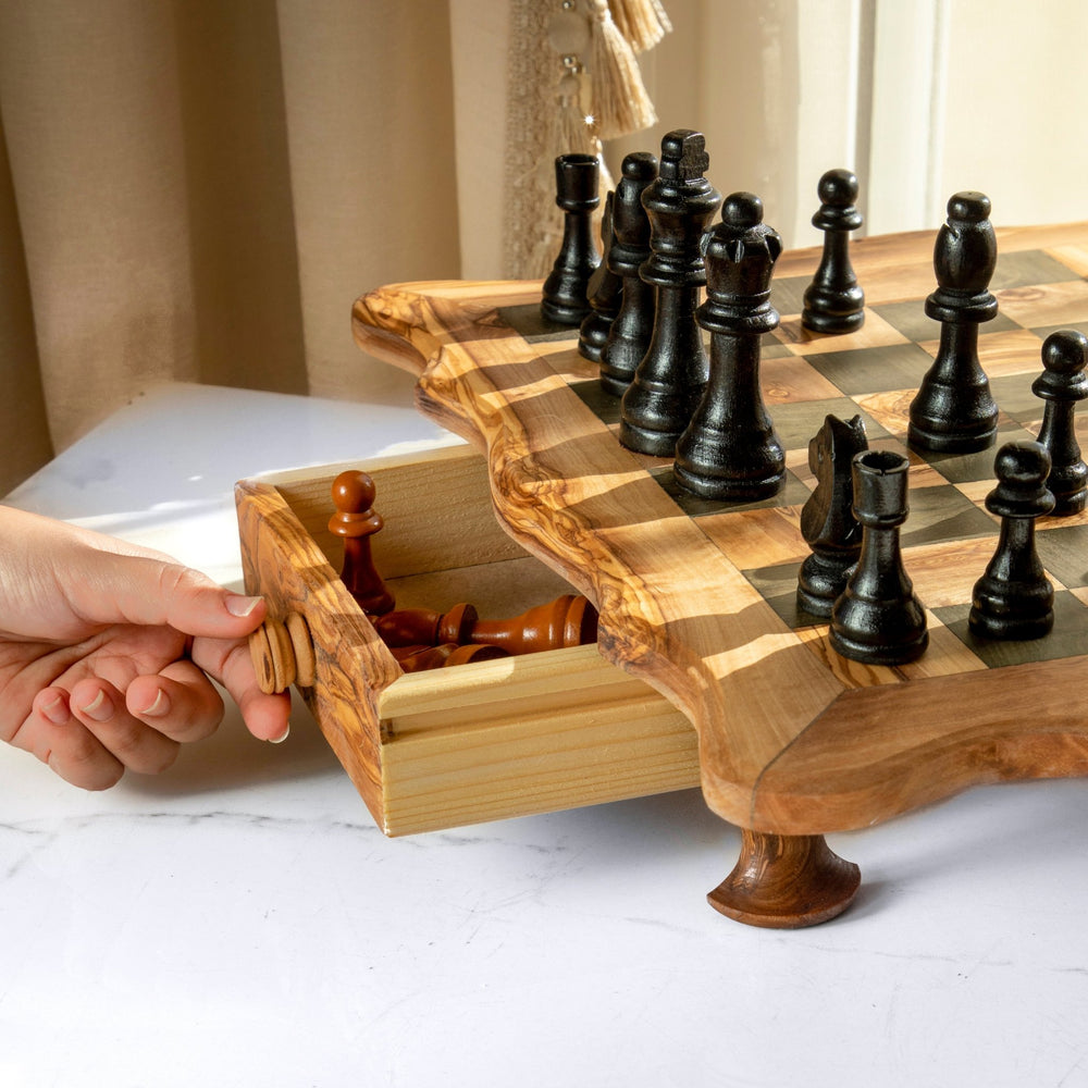 Handcrafted Olive Wood Chess Set with Wavy - Edged Board and Rustic Legs - Yahko Merchandise