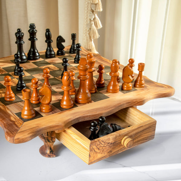 Handcrafted Olive Wood Chess Set with Wavy - Edged Board and Rustic Legs - Yahko Merchandise