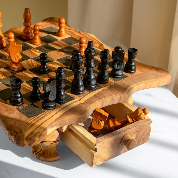 Handcrafted Olive Wood Chess Set with Wavy - Edged Board and Rustic Legs - Yahko Merchandise
