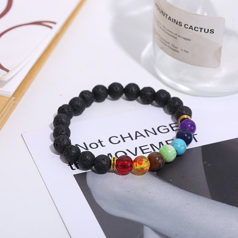 Handmade Black Lava Seven Chakra Healing Balance Beaded Bracelet - Yahko Merchandise