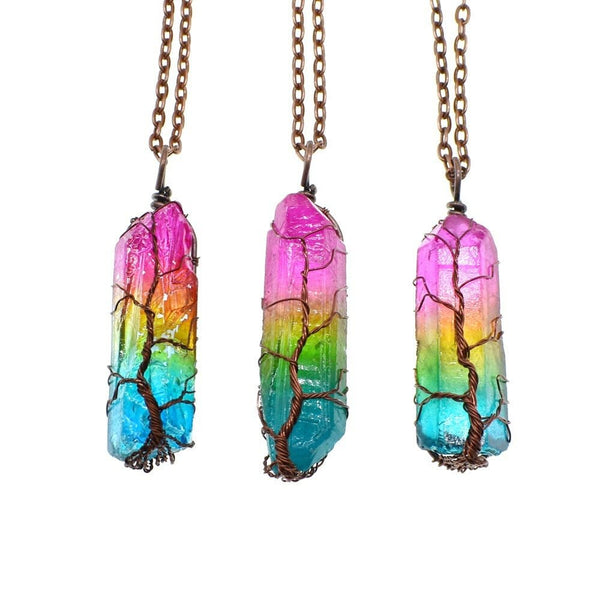 Hot Selling Stone Crystal Pillar Tree Of Life Pendant Ins Fashion Necklace - Yahko Merchandise