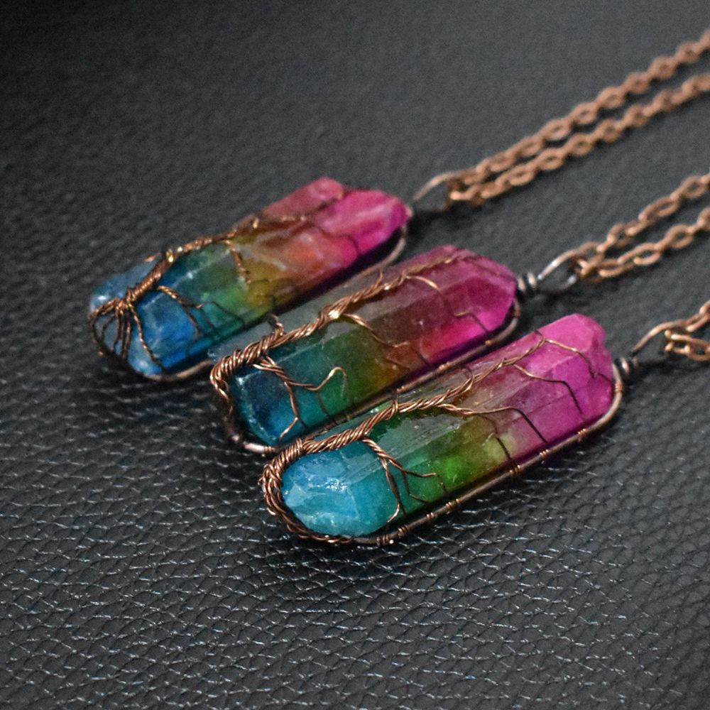Hot Selling Stone Crystal Pillar Tree Of Life Pendant Ins Fashion Necklace - Yahko Merchandise