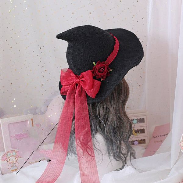Lolita Halloween Retro Witch Hat Masquerade Rose Big Bow Wizard Hat Gothic Magical Girl Hat Cosplay Accessories Party Decor - Yahko Merchandise