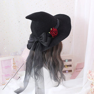Lolita Halloween Retro Witch Hat Masquerade Rose Big Bow Wizard Hat Gothic Magical Girl Hat Cosplay Accessories Party Decor - Yahko Merchandise